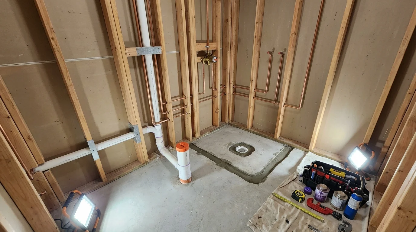 Bathroom rough-in plumbing during remodel by Johns Plumbing LLC in Many Farms