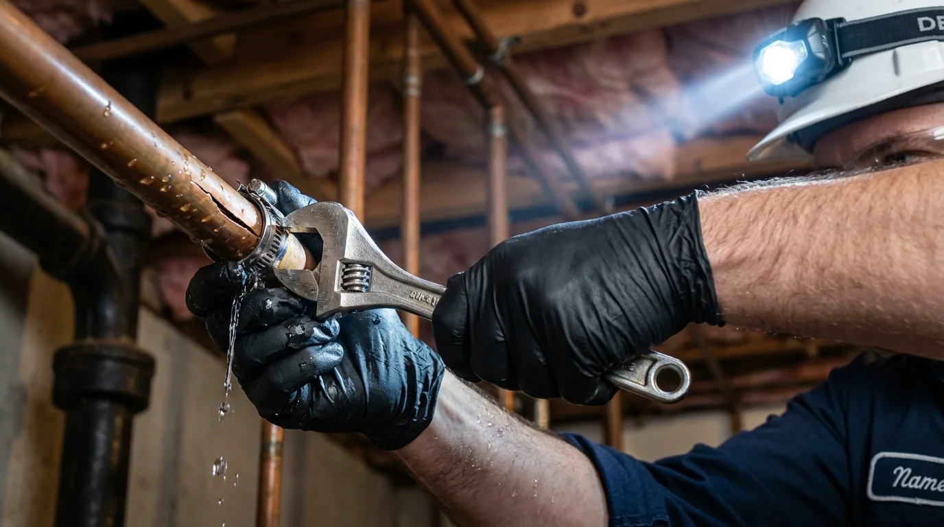 Emergency pipe clamp repair being performed by a Johns Plumbing LLC plumber in Many Farms