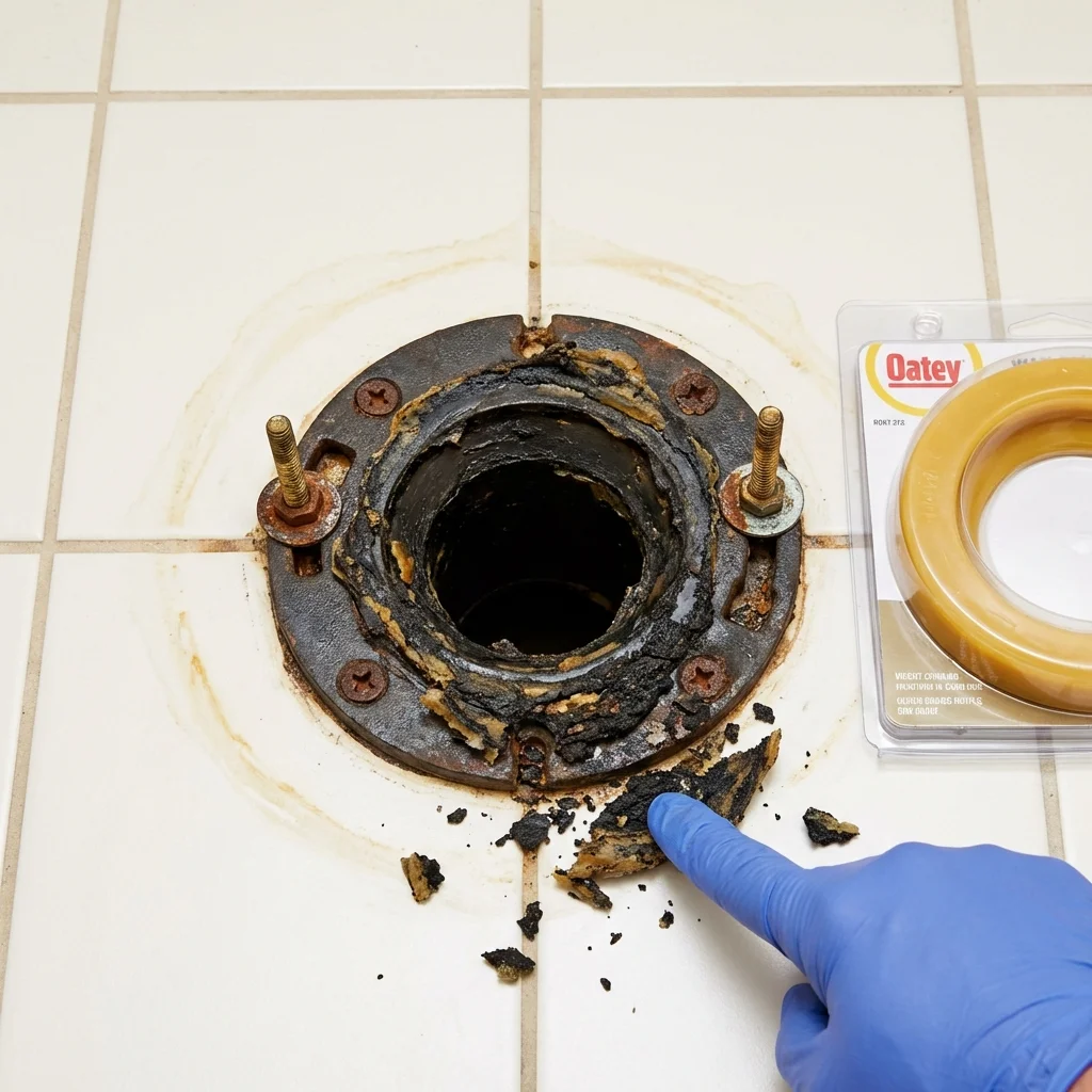 Failed wax ring showing water seepage at the base of a toilet in a Many Farms, AZ home