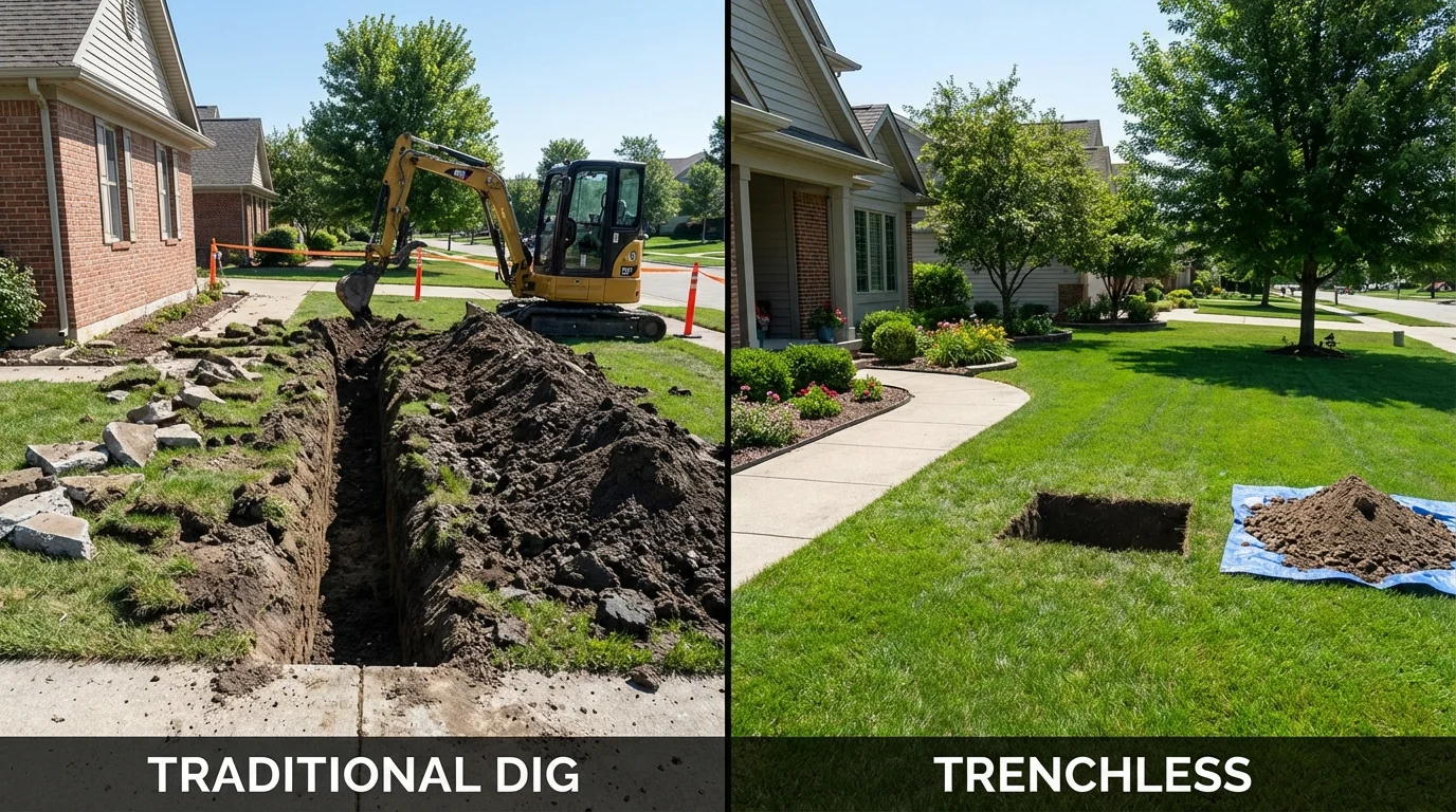 Trenchless sewer repair with minimal yard damage versus traditional excavation in Many Farms, AZ