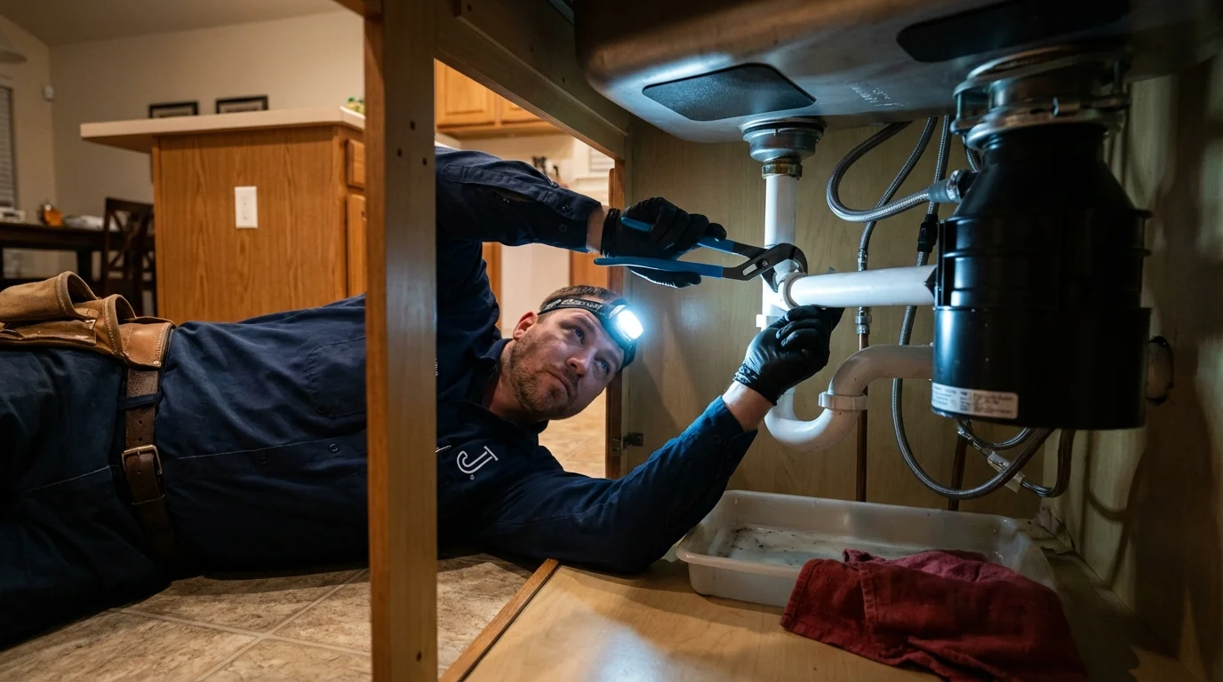 P-trap and supply line connections under a kitchen sink showing a common leak point in Many Farms, AZ